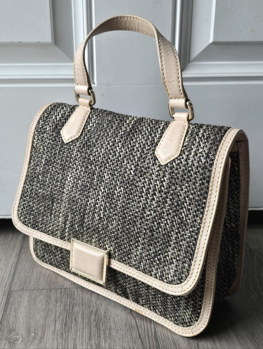Marc by Marc Jacobs Woven Straw Top Handle Satchel Bag Tan Leather Trim Gold